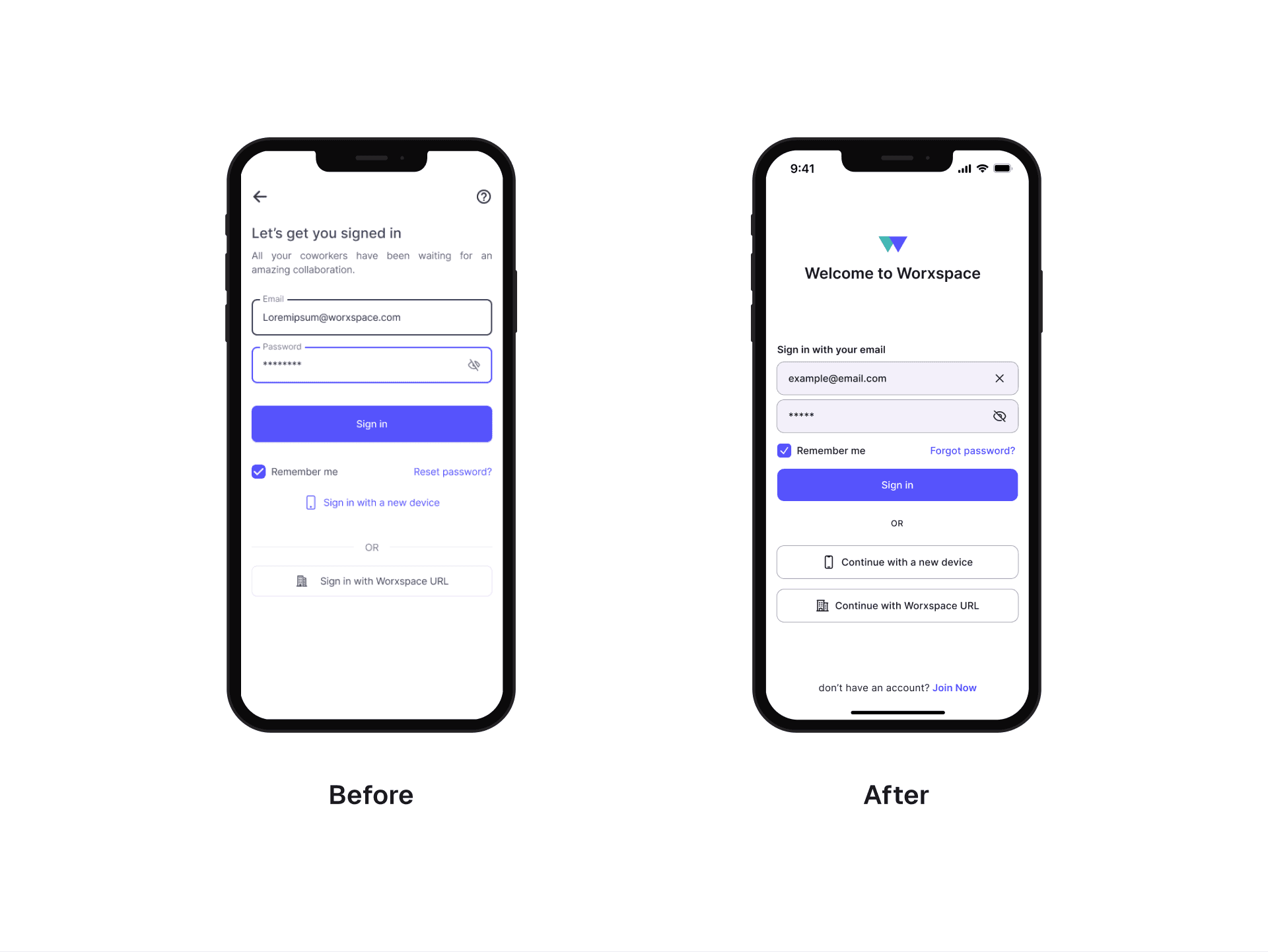 Before and after login screen worxspace