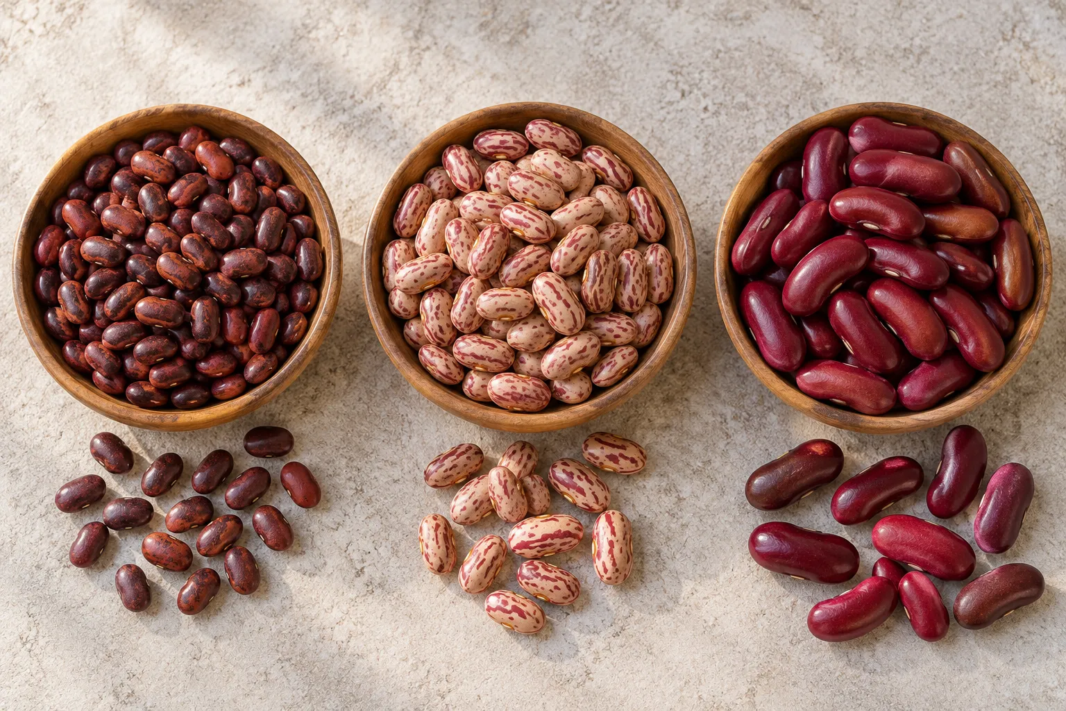 Three bowls of raw kidney beans showing different rajma varieties