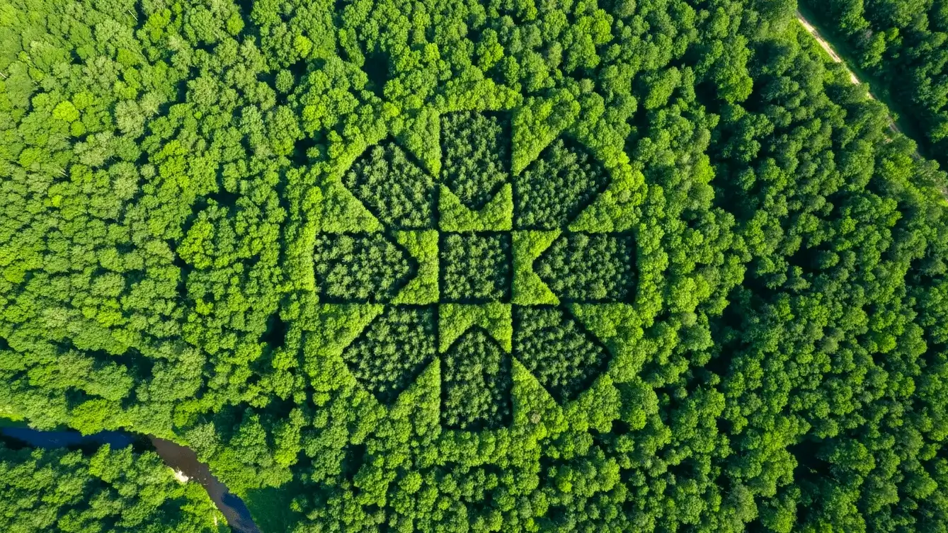 aerial view of lush green forest with dgg logo within it