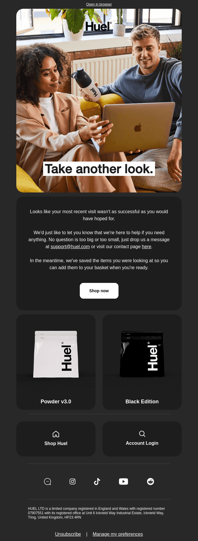 Huel browse abandonment email with recently browsed items like Powder v3.0 and Black Edition, alongside the message Take another look and a Shop Now button for easy cart recovery