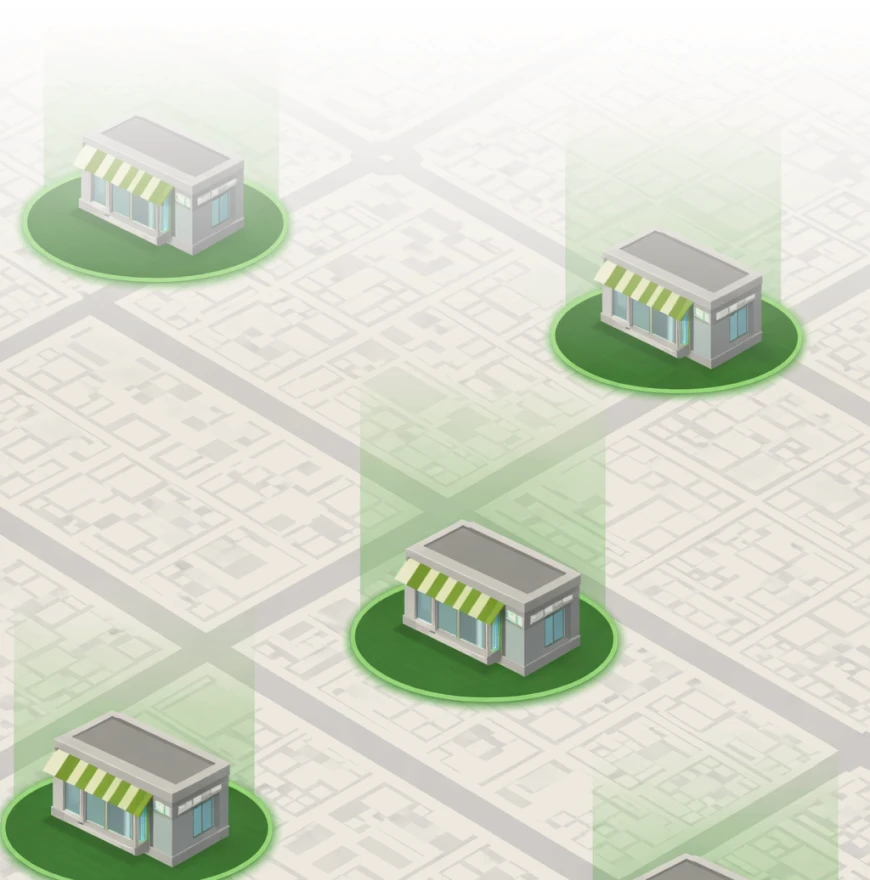 Map illustration highlighting buildings across a multi-site portfolio