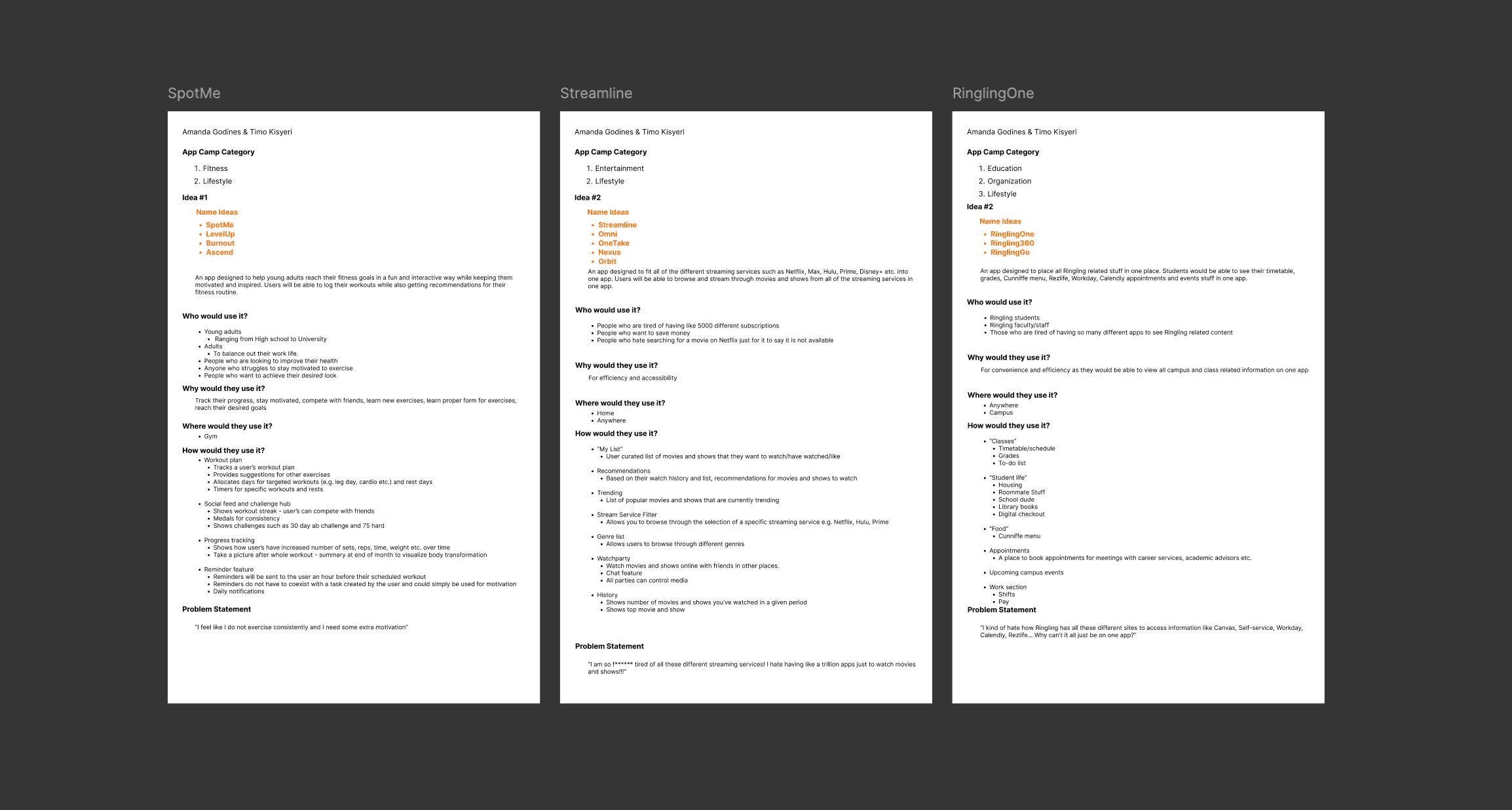 Documents detailing early ideation for an app