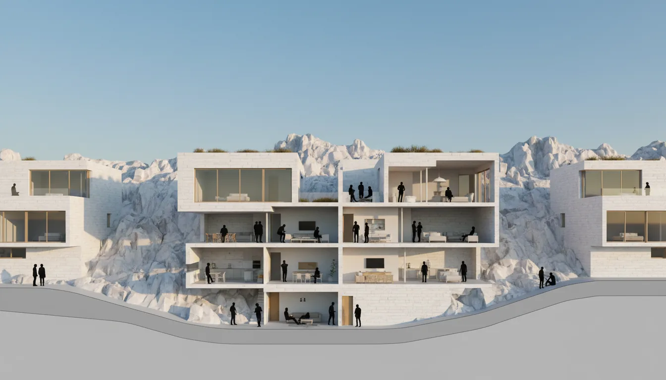 Architectural 3D render of a modern housing complex, hybrid style combining photorealistic textures with a schematic cross-section view. The central building is shown in a cutaway, revealing multiple floors with interior rooms and black silhouettes of people. The buildings feature a modernist design with stacked white concrete blocks and large glass windows, built into a sun-drenched rocky hillside. Lighting is warm golden hour with soft global illumination, casting long shadows under a clear blue sky. The ground is shown as a grey schematic cutaway.