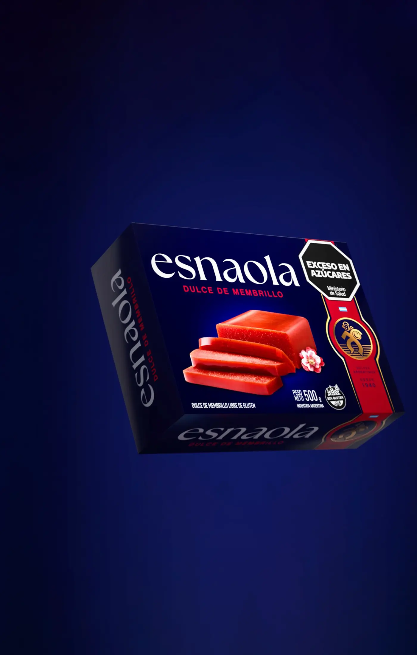 A box of sweet desert with a red and gold design set against a dark blue background.
