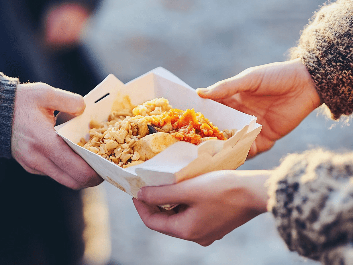 Close-up of hands passing a meal to someone in need