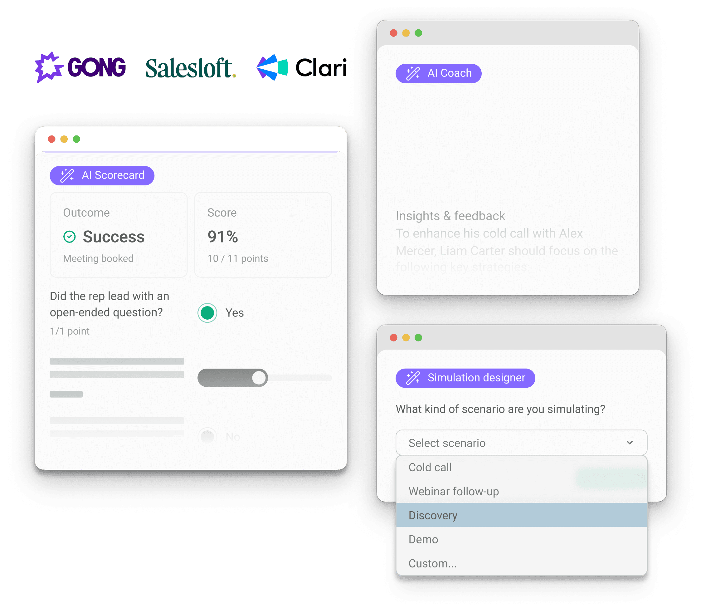 FullyRamped AI sales coaching dashboard with scorecard, feedback, and scenario simulation options.
