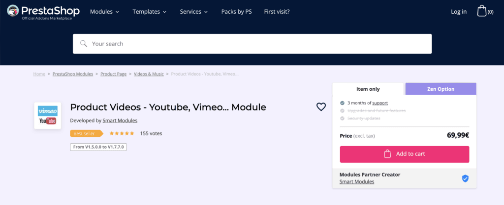 Prestashop addon product videos