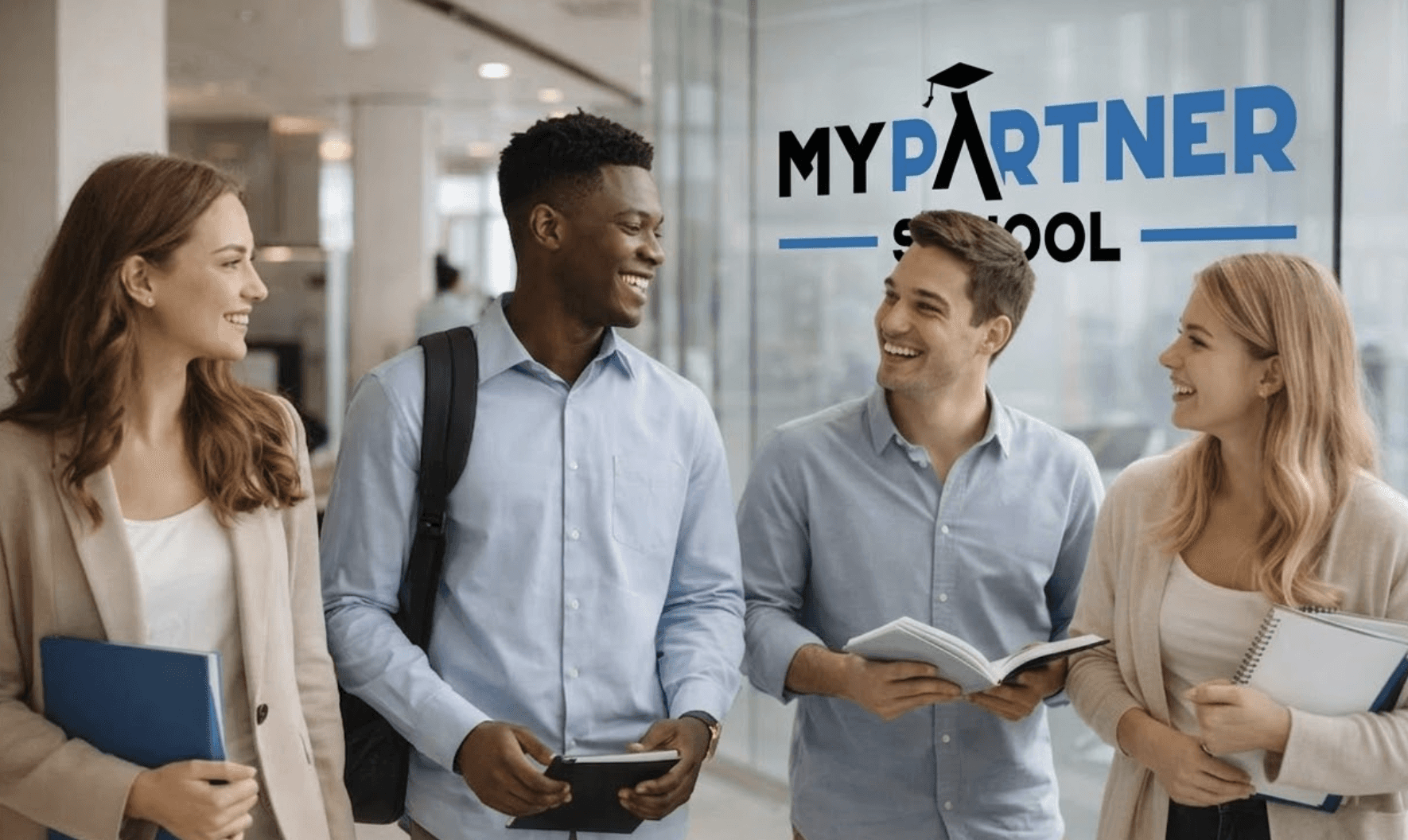 Étudiants souriants dans les locaux de My Partner School à Marseille, école spécialisée en alternance dans le commerce et le management.