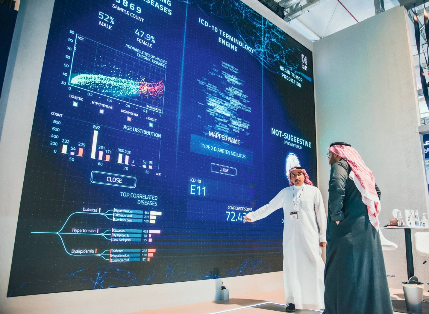 emirati man explaining to another in front of an interactive wall for lean at leap