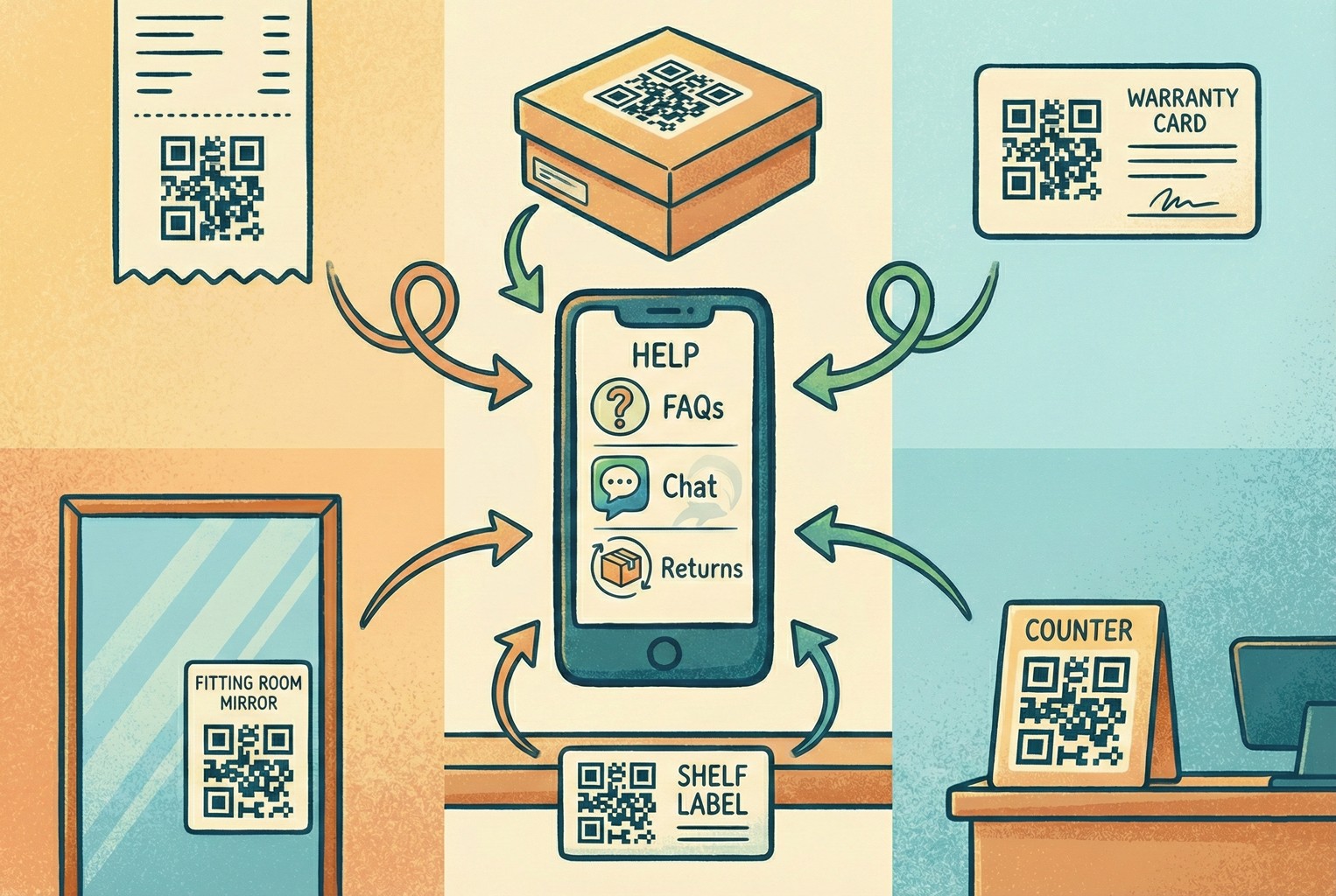 QR code customer support placement map for receipts, packaging and in-store signs