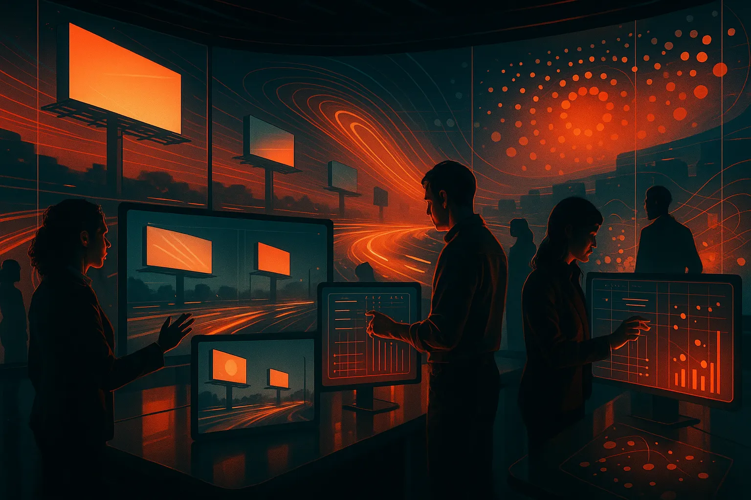 People analyzing data on screens at RockN' Socials, a digital marketing agency.