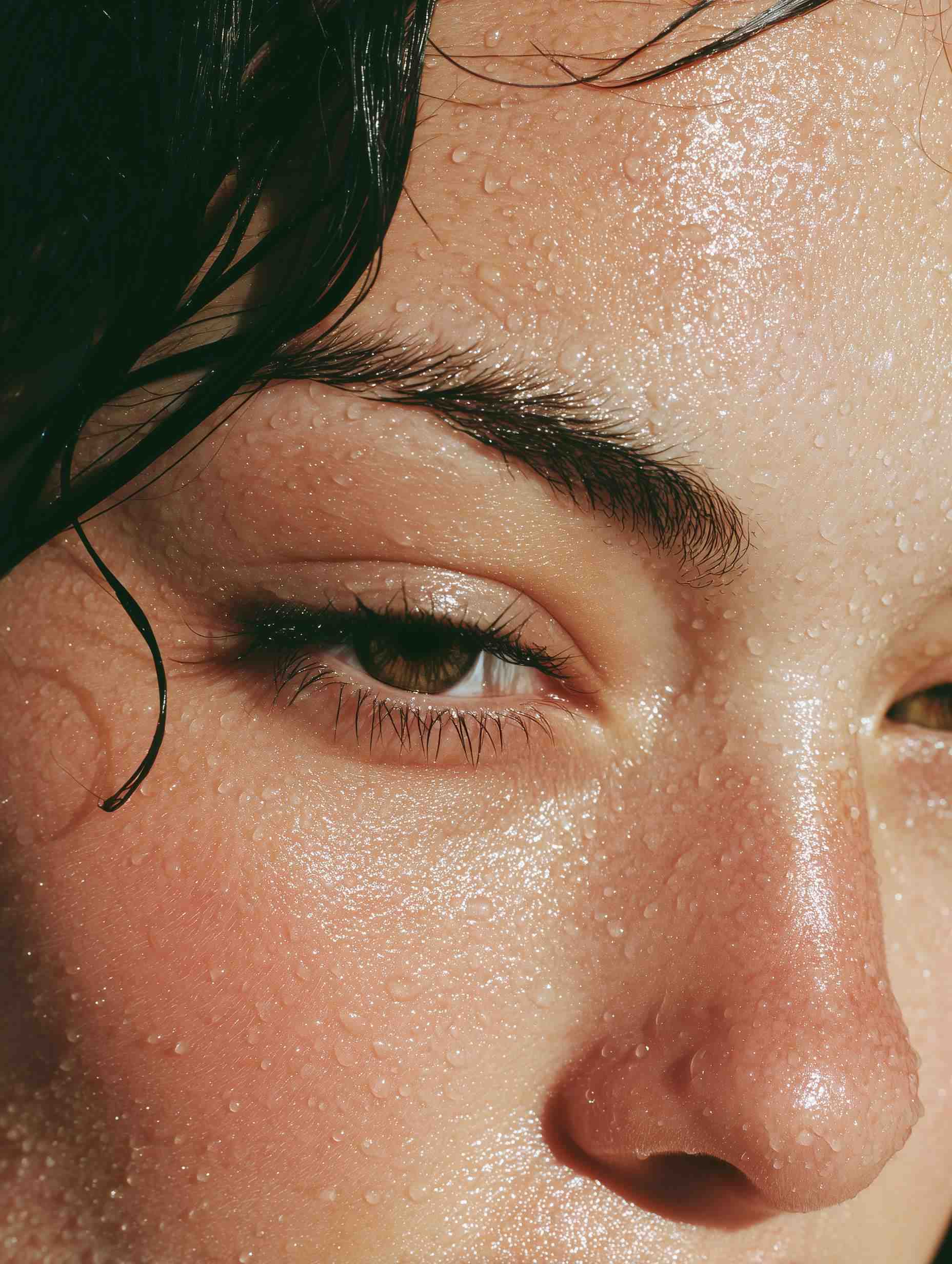 Female face in profile with glistening wet skin