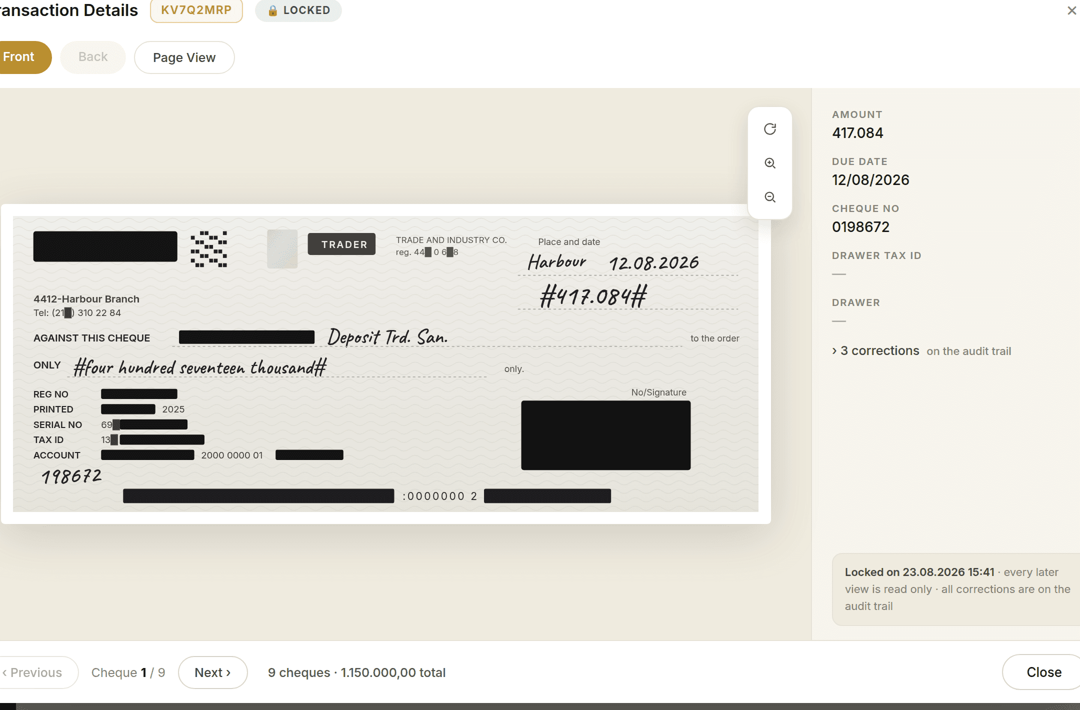 A locked transaction detail