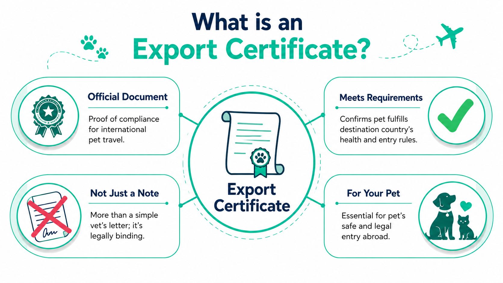 An infographic explaining what a pet export certificate is for international travel, featuring four key educational points.