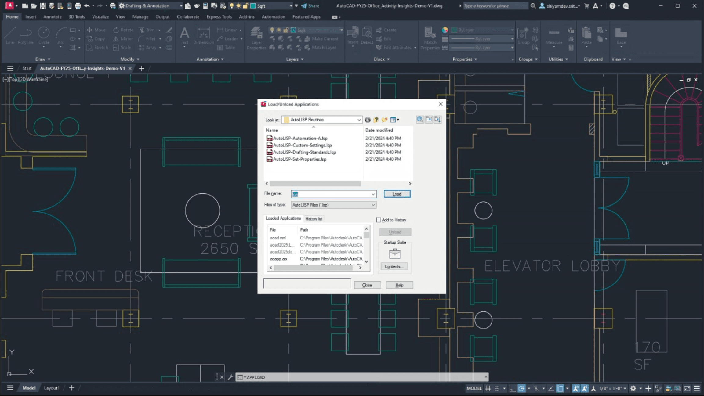 AutoCAD’s Load/Unload Applications dialog displaying available AutoLISP routines over an architectural floor plan.