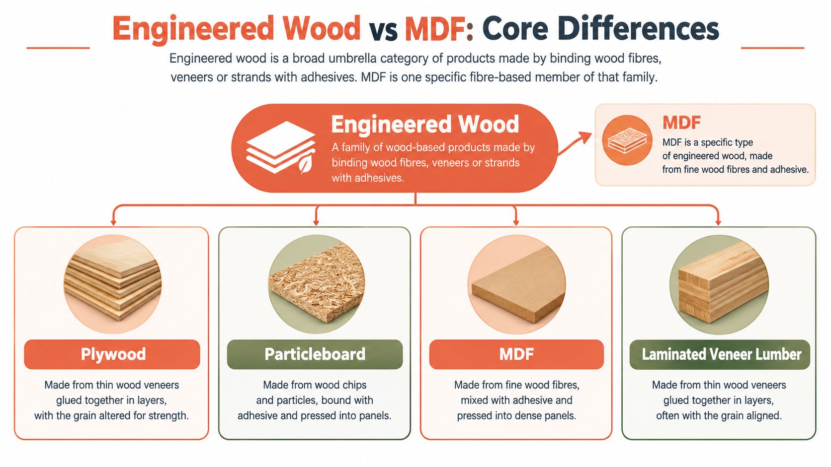 A diagram comparing engineered wood and MDF, illustrating various types of wood-based products including plywood and particleboard.