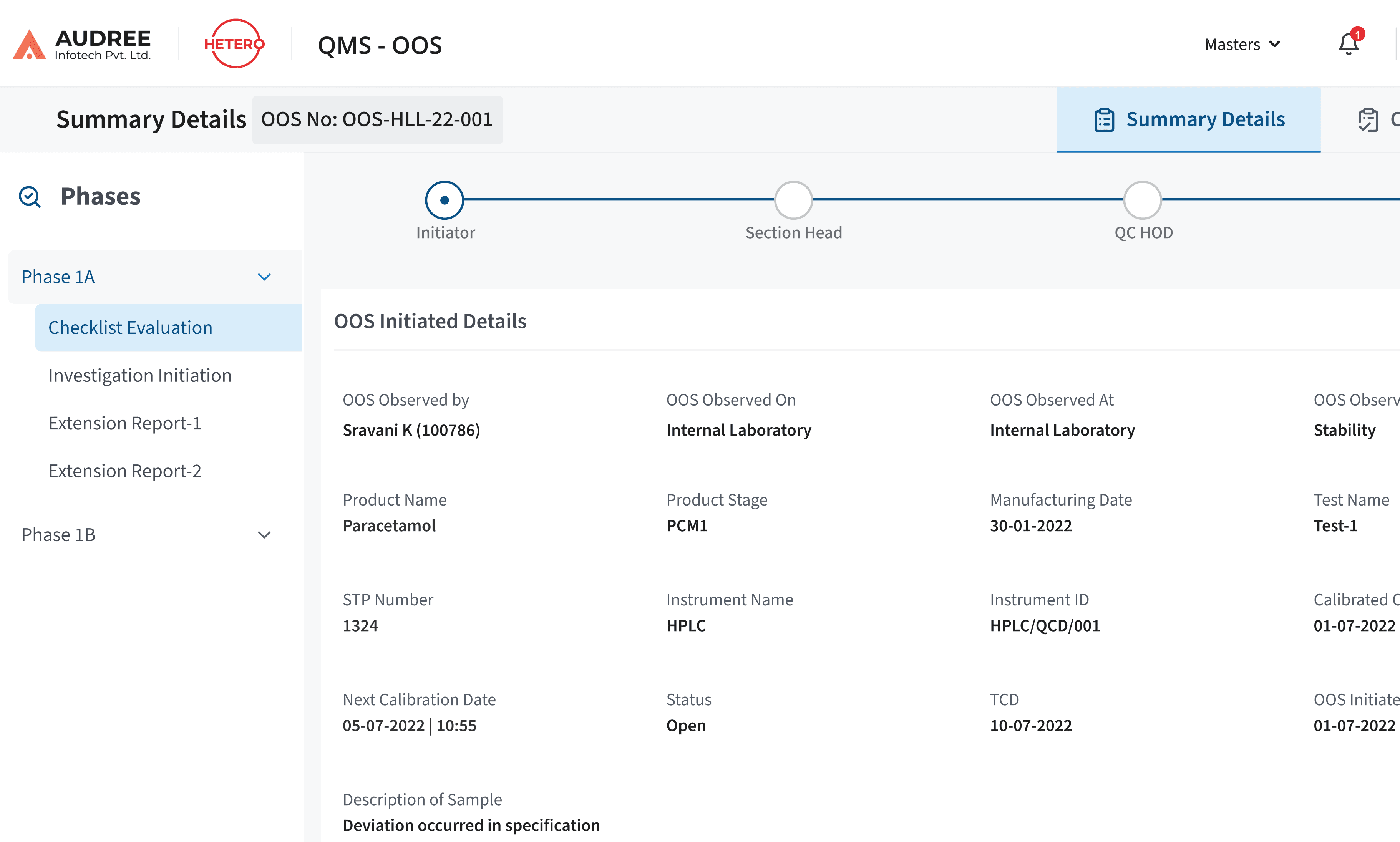 OOS investigation phase workflow dashboard
