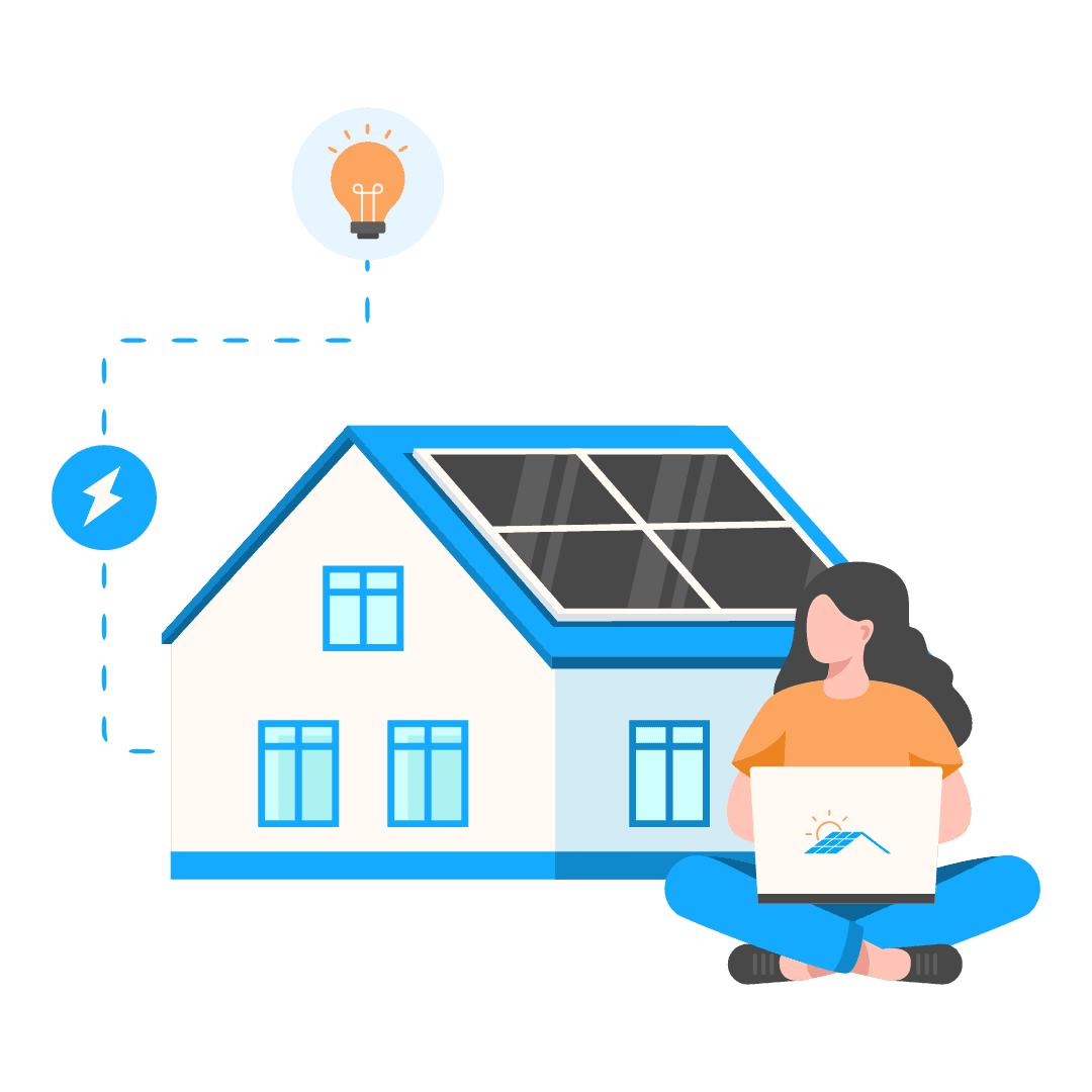 An image os a person on theior computer sitting infront of a home with solar panels installed on it