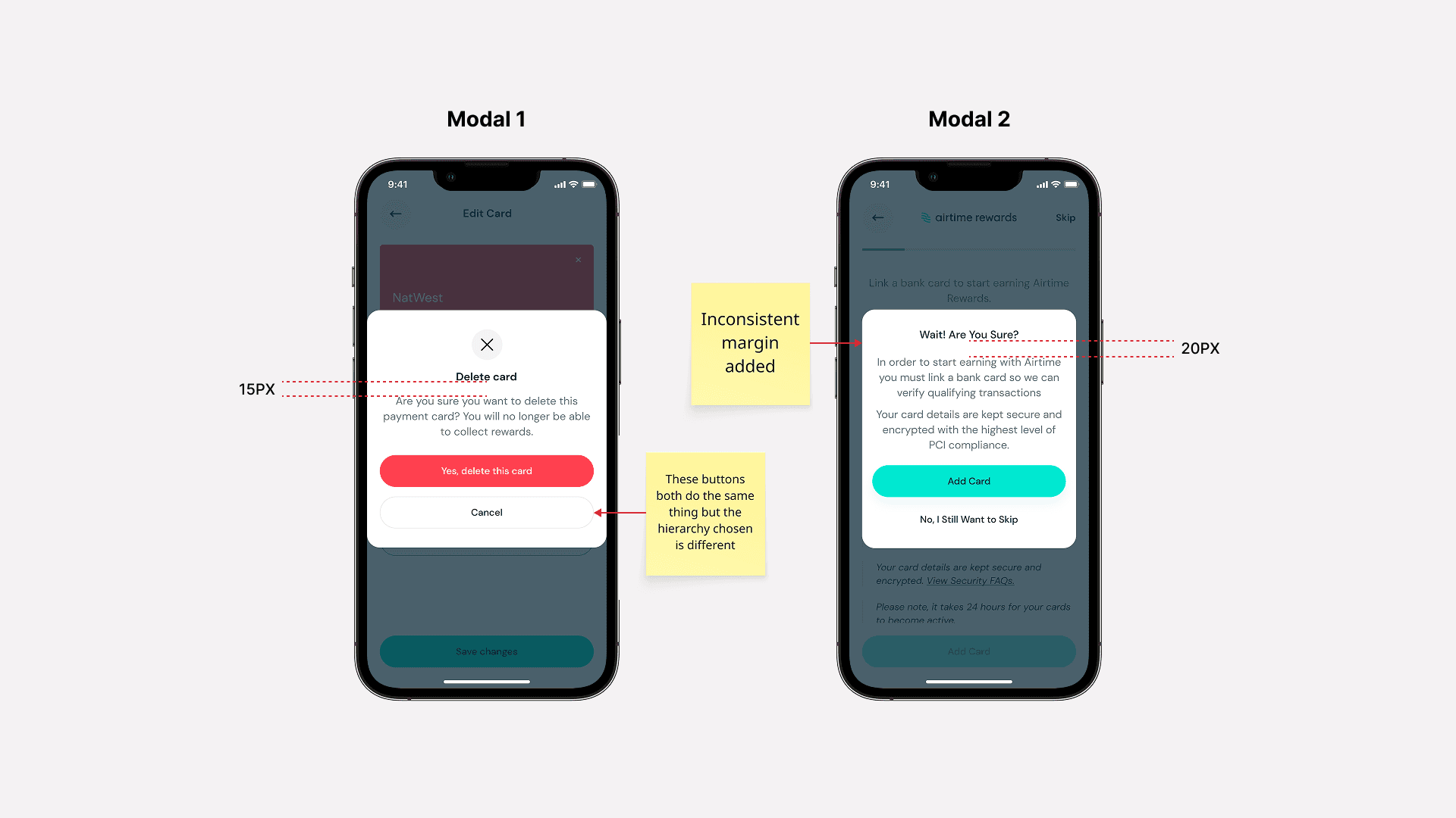 Two Airtime Rewards modal designs compared, highlighting inconsistent spacing and button hierarchy.