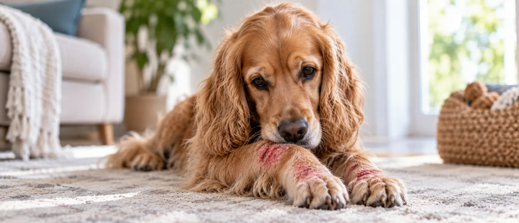 A Cocker Spaniel lying down, licking a paw with visible red, irritated skin.