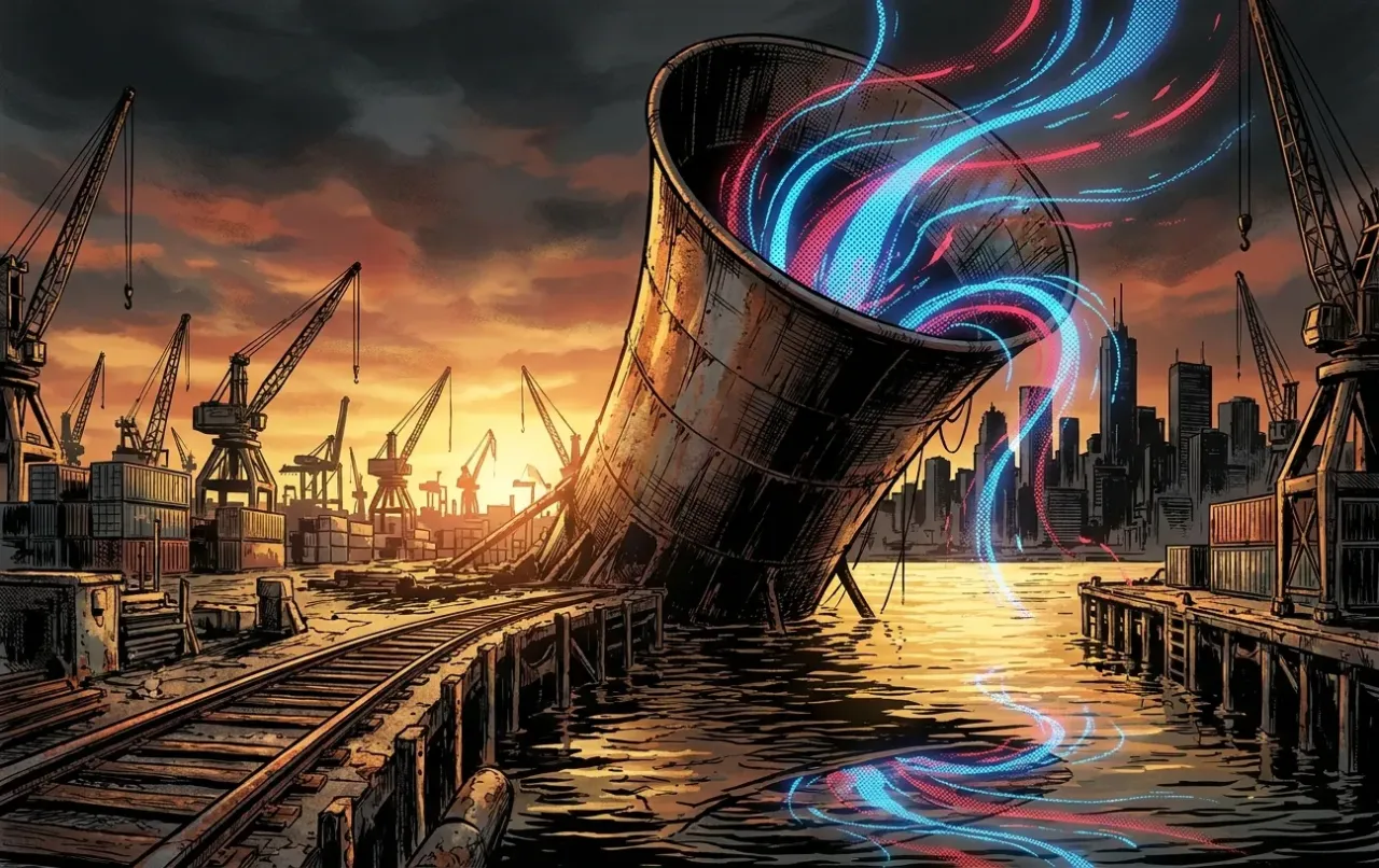 Sunset cityscape with industrial harbor, representing RockN' Socials' digital marketing agency.