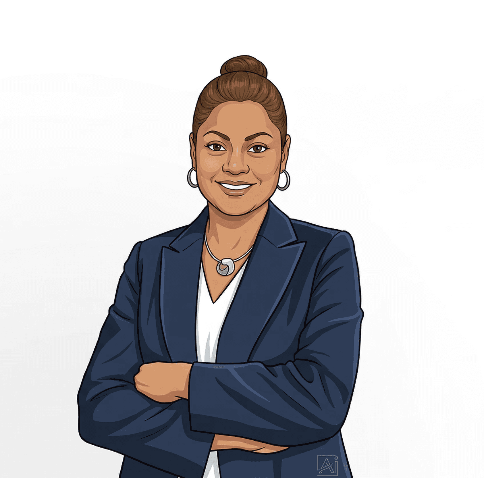 Illustrated headshot of Priya Kapoor with brown hair in a bun, wearing a dark navy blazer and white shirt with a circular pendant necklace, arms crossed.