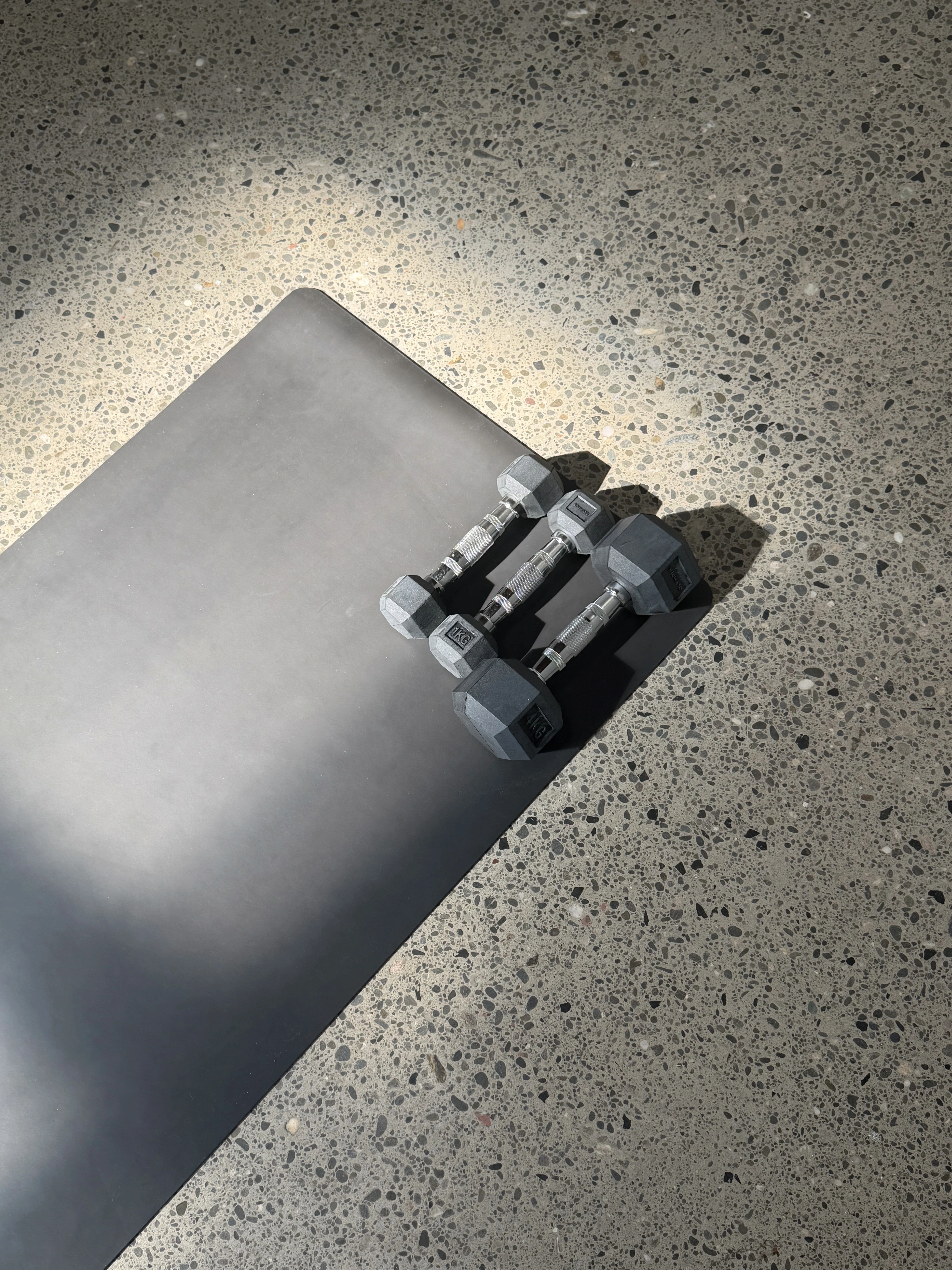 A picture of a Pilates mat and dumbbells 