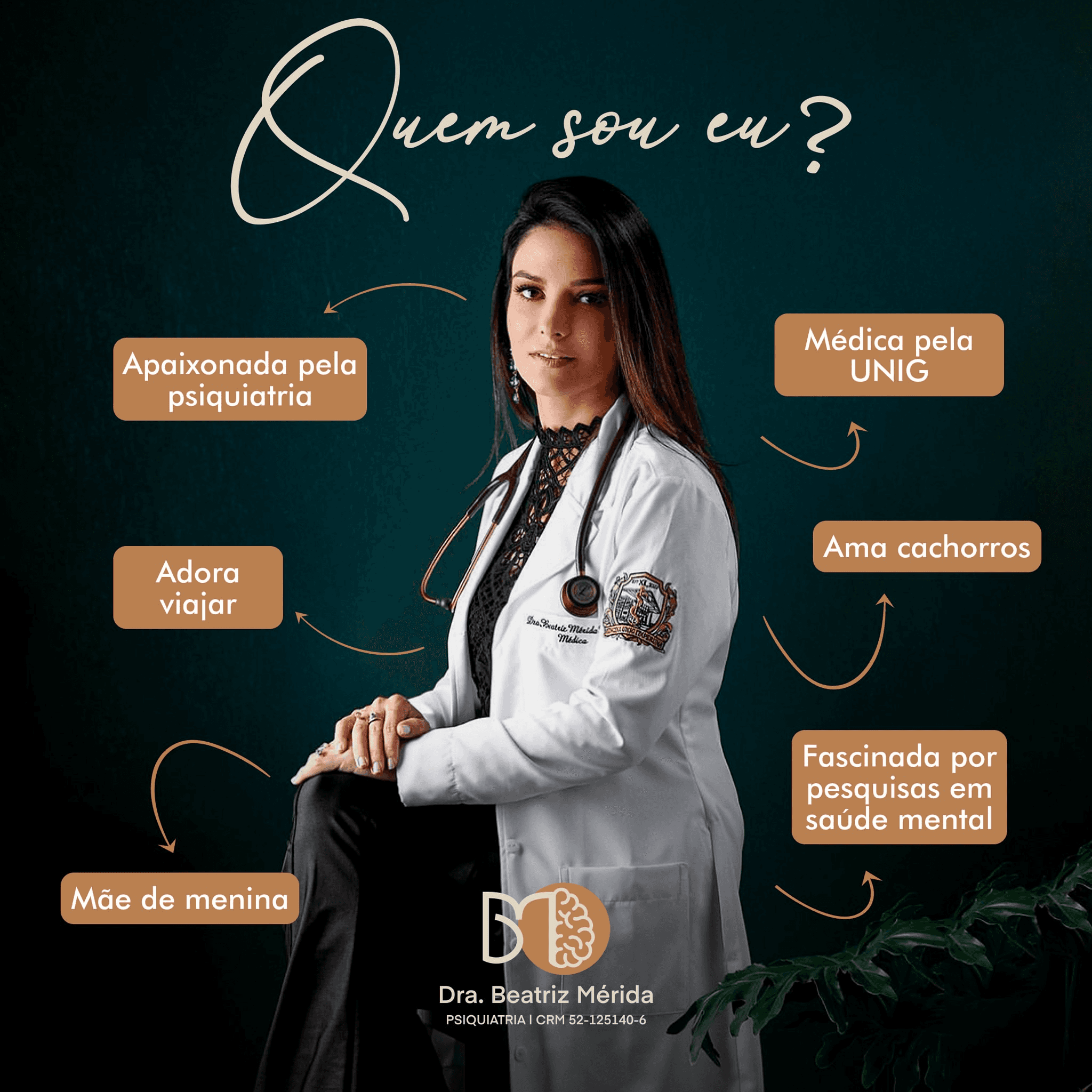 Dra. Beatriz Mérida, psiquiatra formada pela UNIC, especialista em saúde mental, amante de viagens e mãe, com foco em pesquisa psiquiátrica.