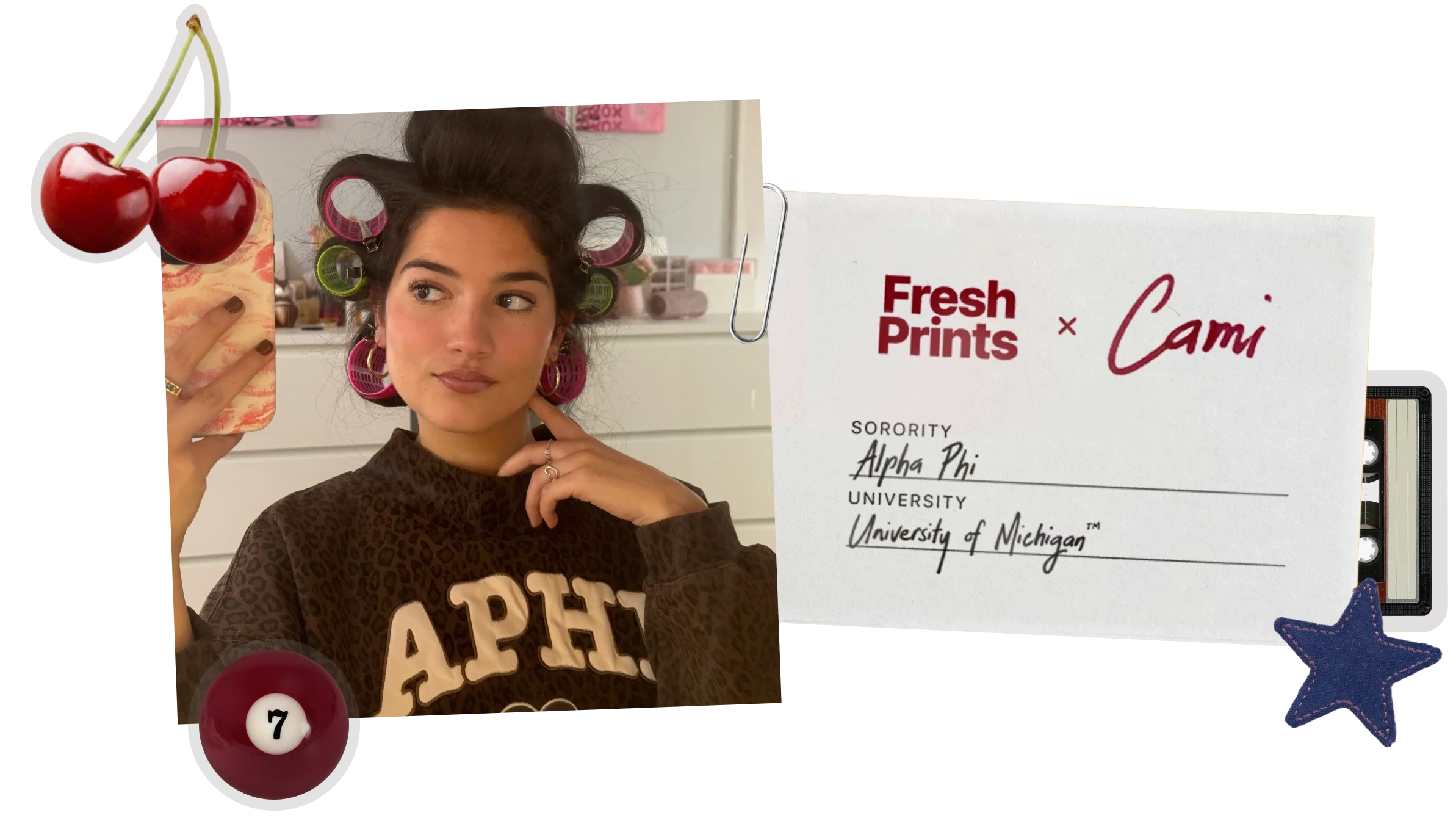 Collage: mirror selfie in an “APHI” sweatshirt with hair rollers, next to a Fresh Prints × Cami card listing Alpha Phi and University of Michigan