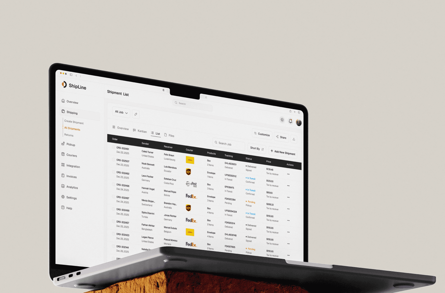 Laptop displaying Shipline shipment dashboard with shipment list, tracking status, and courier information.