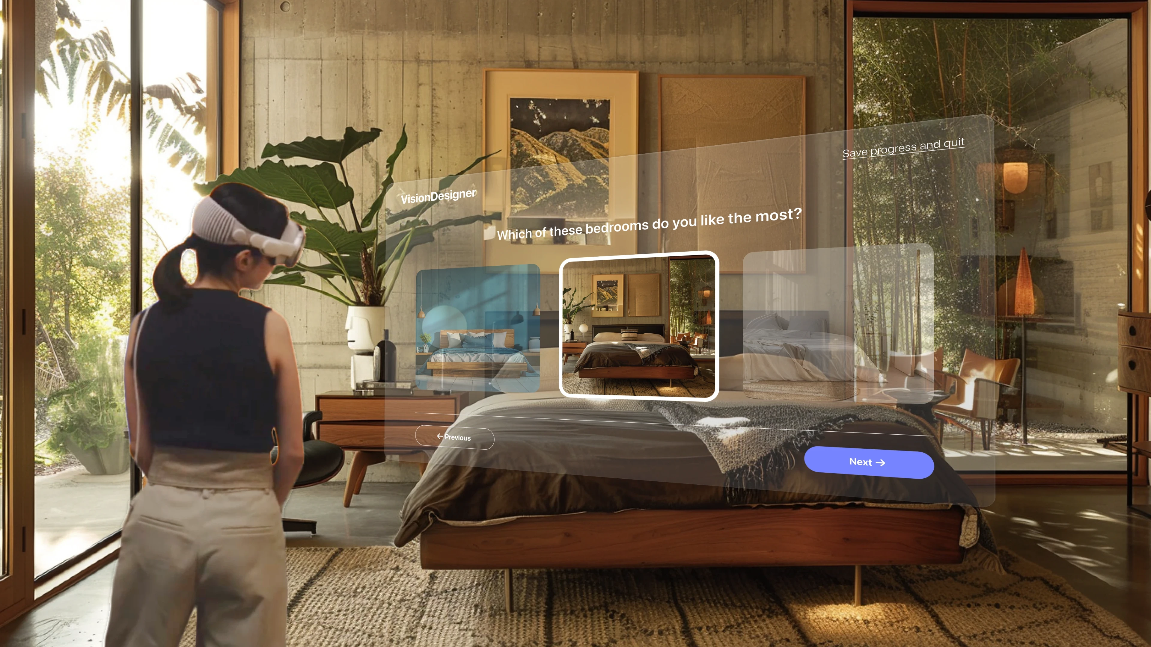 A person in an Apple Vision Pro headset choosing between floating bedroom design options in their own room
