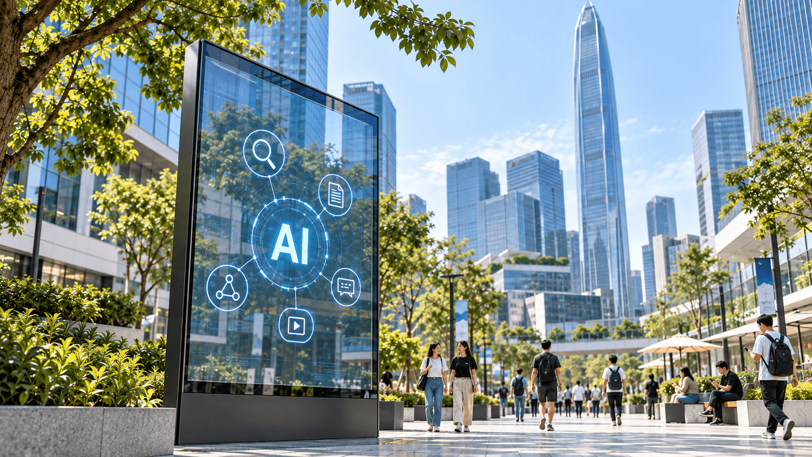 Digital AI display with search, content, video, and chat icons in a modern Chinese business district.