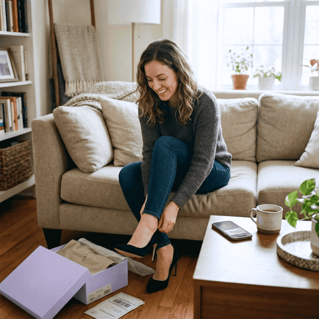 Person sitting on a couch trying on shoes from a delivery box, shopping for fashion items