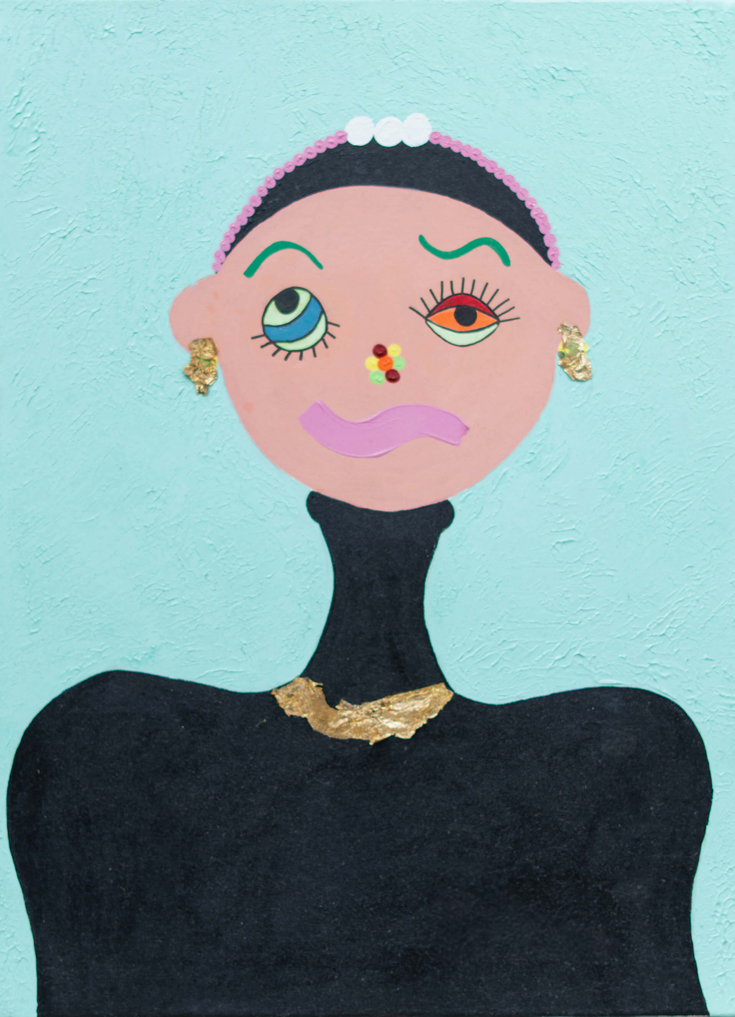 Stylized self-portrait of a woman with mismatched eyes and gold accents on a turquoise textured background.