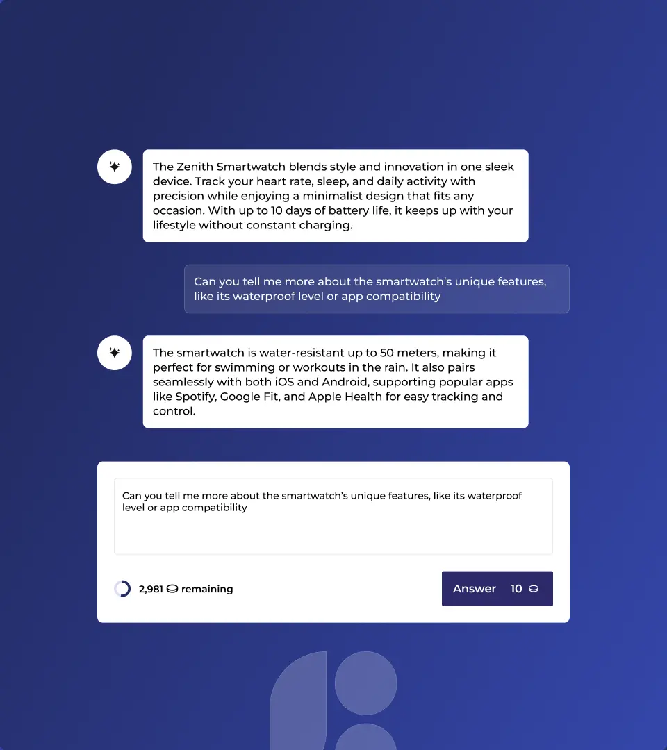 Lifeshift AI chat interface with prompt input, generated answers, remaining credits and an Answer button