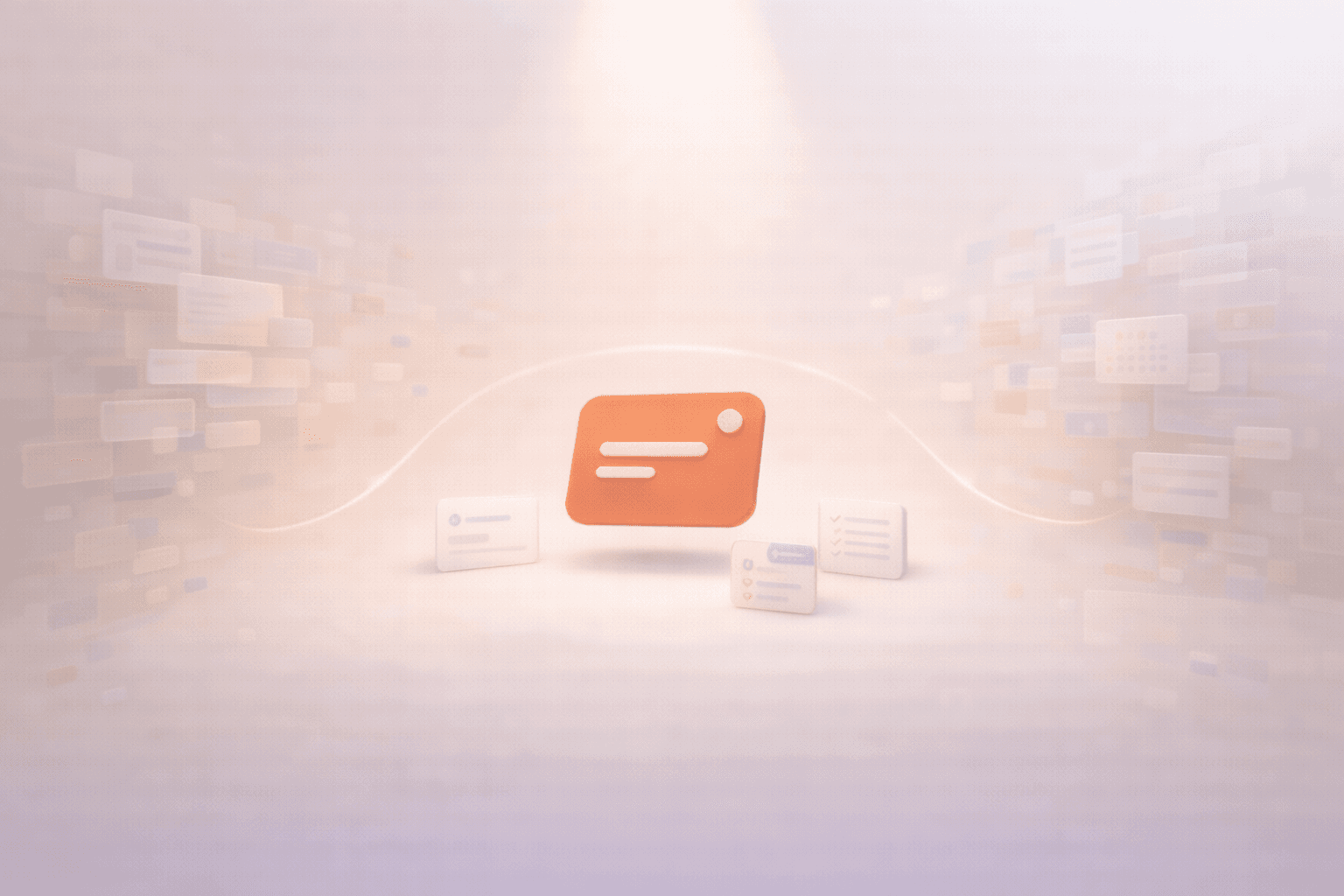 Minimalistische 3D-Illustration mit einer schwebenden korallfarbenen Aufgabenkarte im Zentrum. Darum liegen kleine Karten für Zusammenfassung, Dokumententwurf und Aufgabenliste, während im Hintergrund transparente Fragmente von E-Mails, Notizen, Kalenderblöcken und Datenkarten im warmen cremebeigen Verlauf verblassen und zeigen, wie ein KI-Assistent Informationschaos in klare nächste Schritte verwandelt.