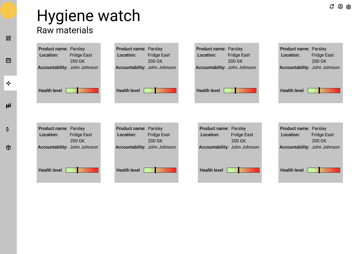 Wireframe titled “Hygiene watch — Raw materials”: a grid of product cards, each with location, accountability and a health-level bar.