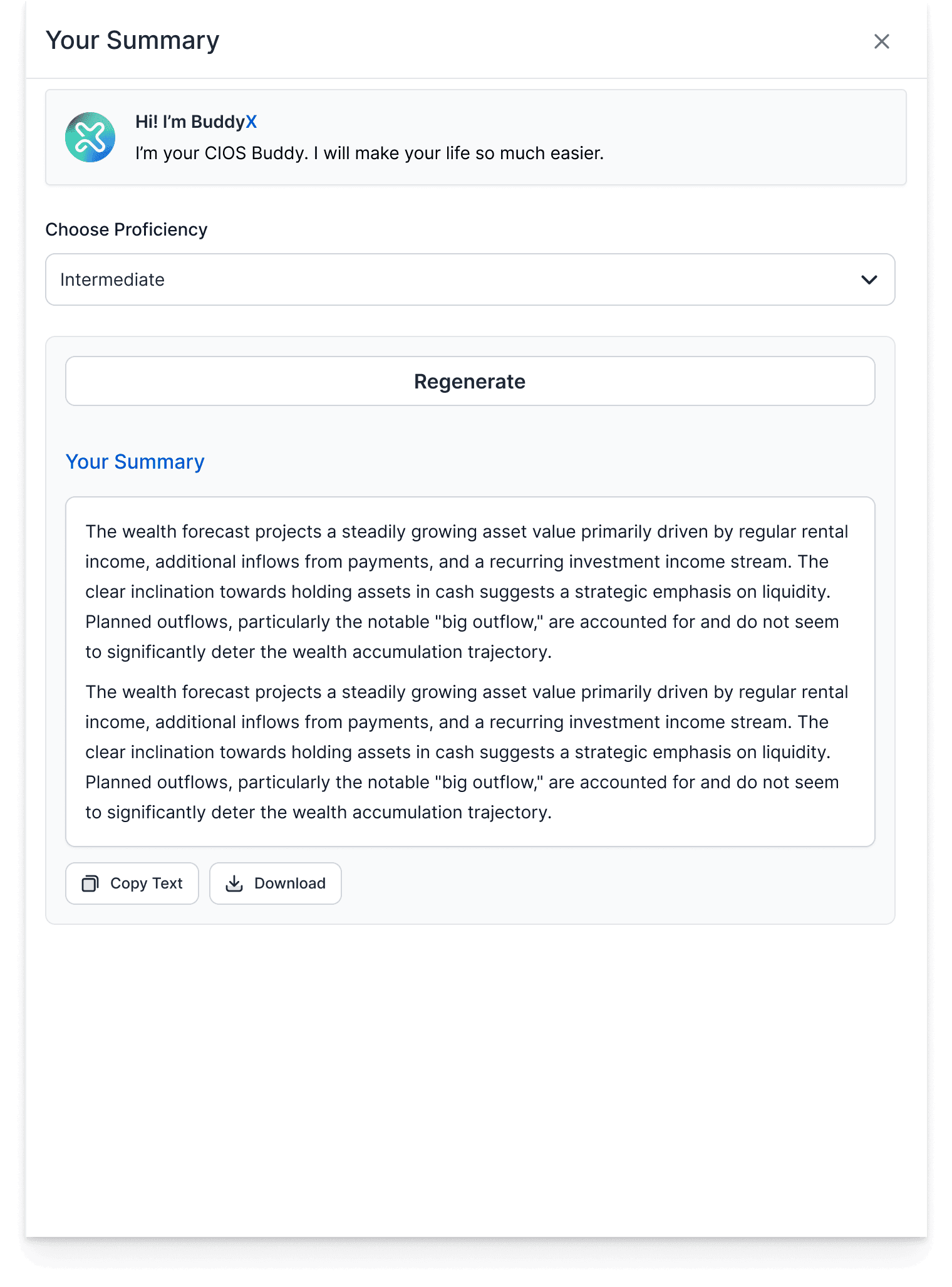 Fincites BuddyX, ein KI-gestützter Assistent für Wealth Management, bietet automatisierte Vermögensprognosen und Analysen. Die Benutzeroberfläche zeigt eine zusammenfassende Vermögensentwicklung basierend auf Einnahmen, Ausgaben und Investitionen.