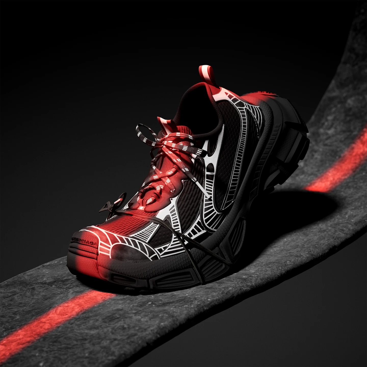 Balenciaga sneaker 3D render, side view on concrete ledge with red stripe