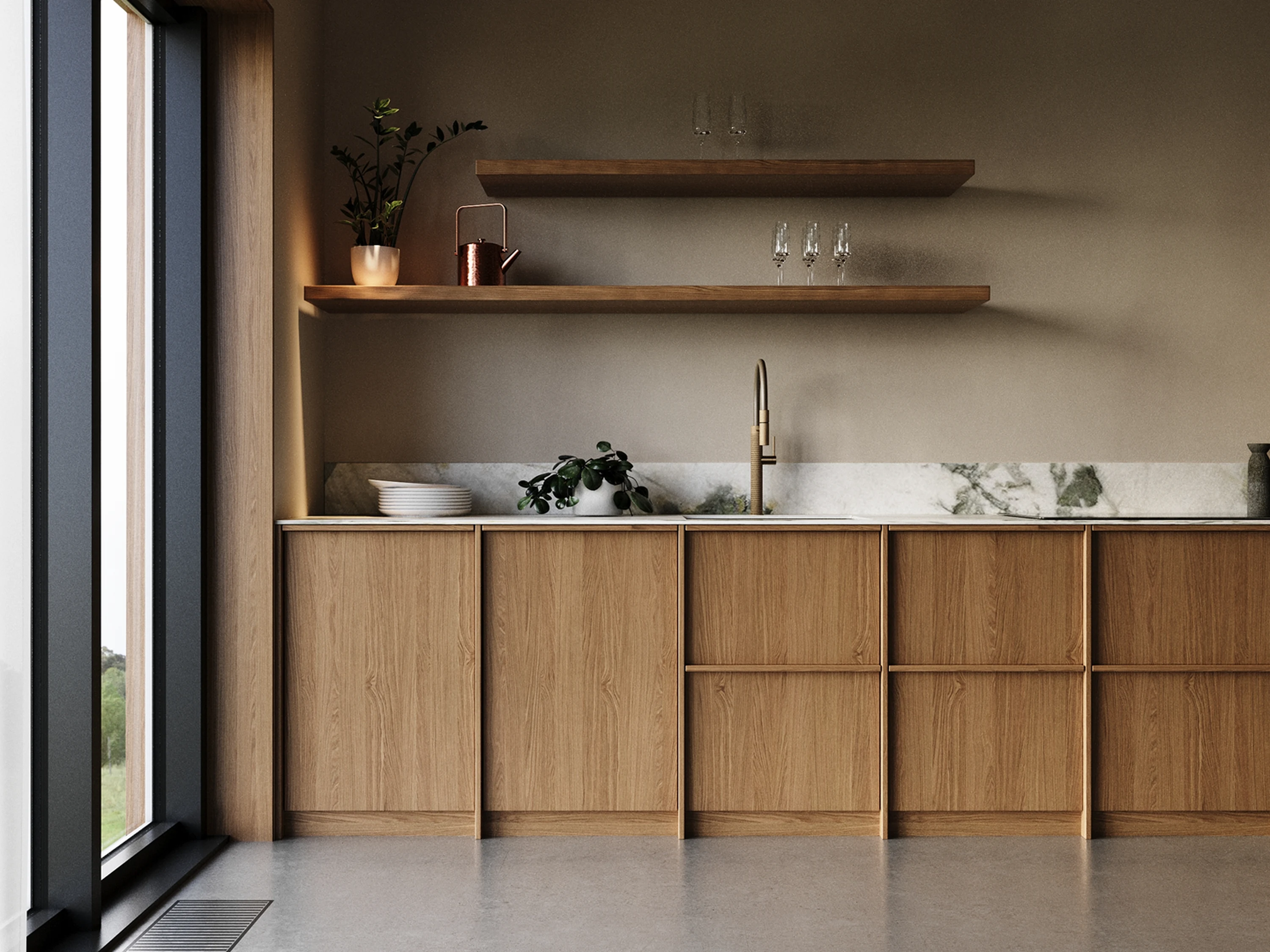 Détail — poignée intégrée sur façade de meuble.