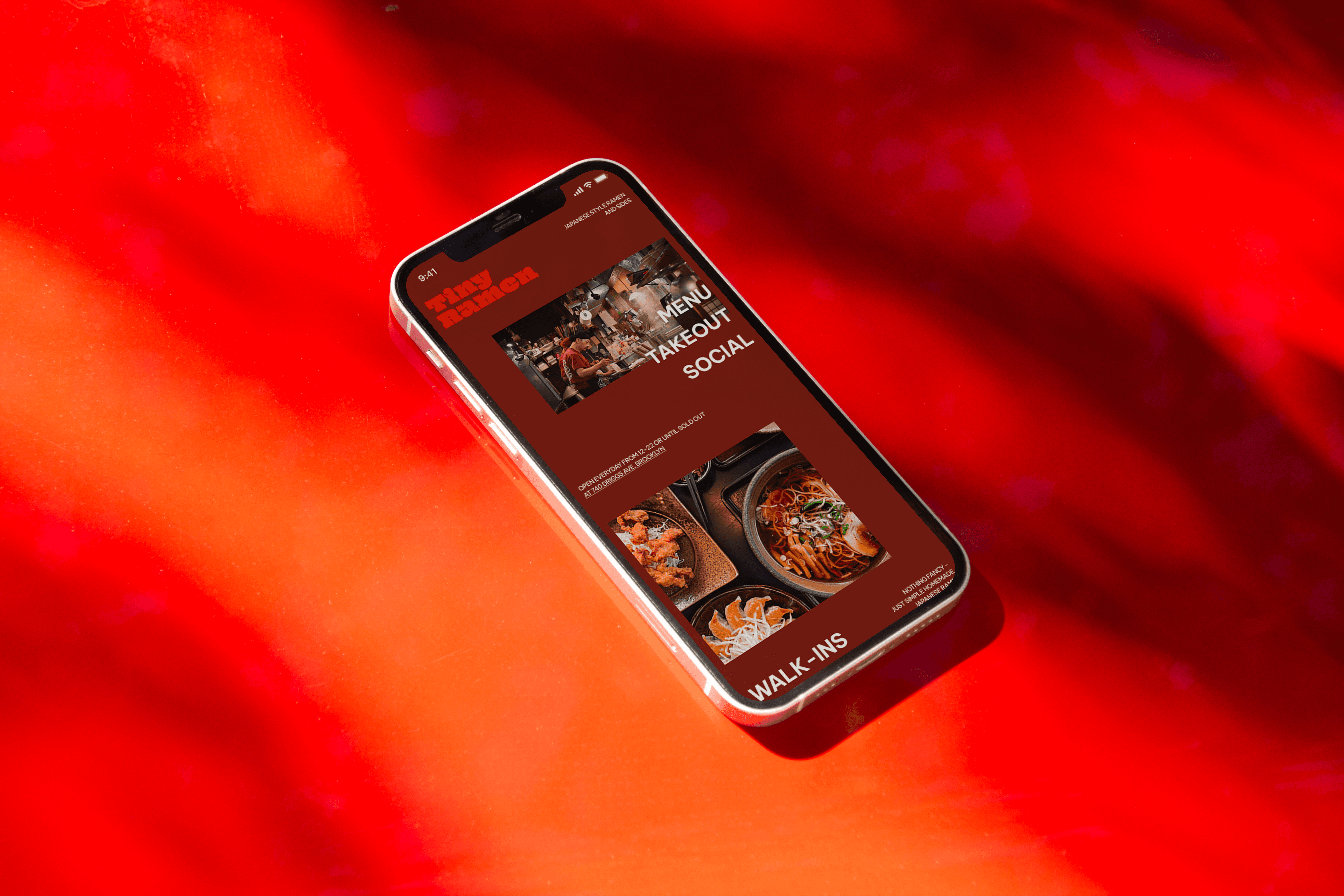 Mock up of mobile-first web design for a ramen restaurant.