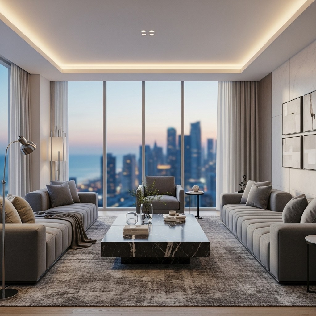 Luxury living room concept with skyline view, layered lighting, and modern neutrals.