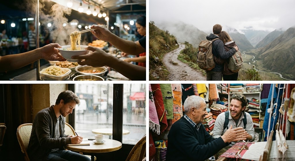 People experiencing travel moments — street food, mountain trails, quiet cafés, cultural interactions — candid documentary style, emotional depth, soft contrast, cinematic storytelling look