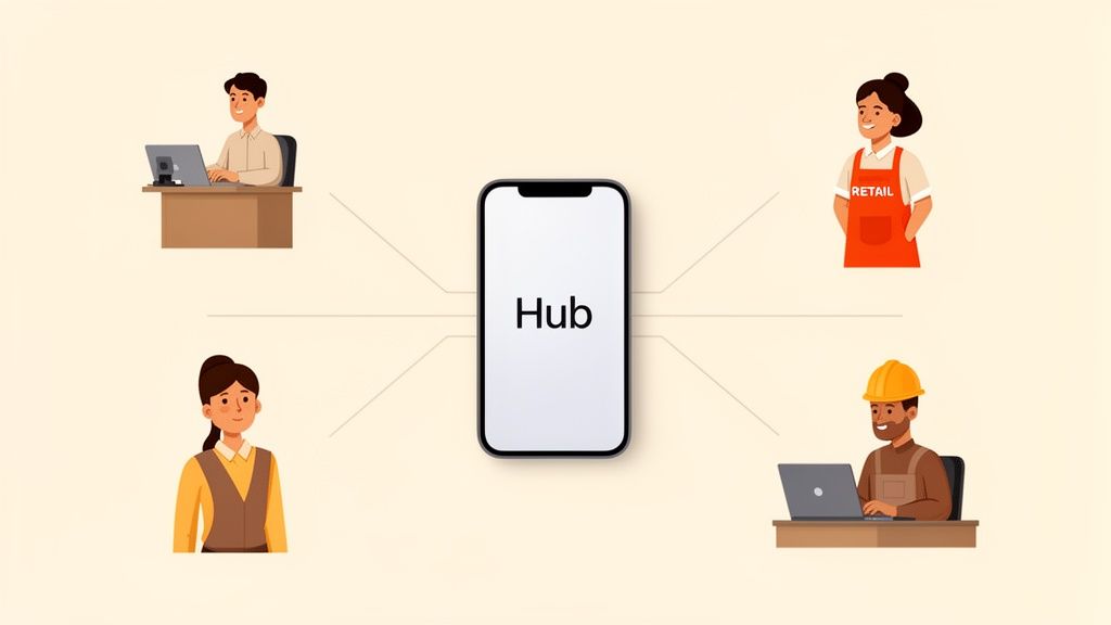 A central smartphone 'Hub' connects diverse professionals like office workers, retail staff, and construction personnel, symbolizing internal communications.
