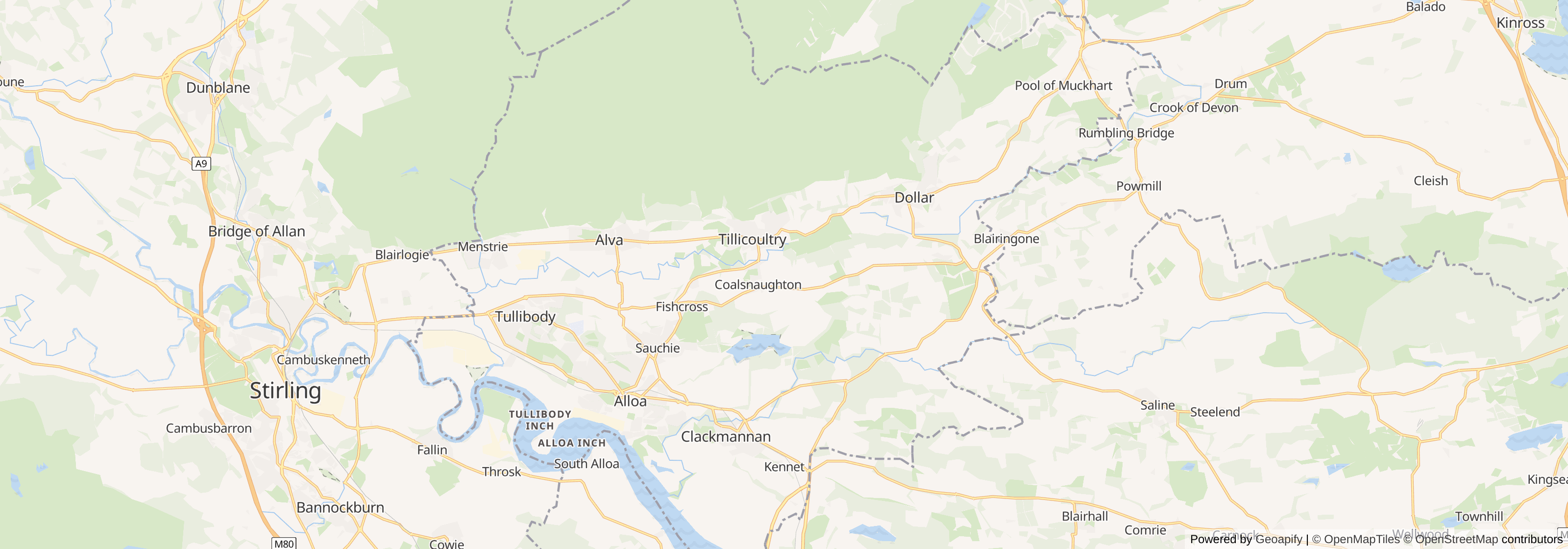 Map of Clackmannanshire showing main towns, roads and surrounding areas