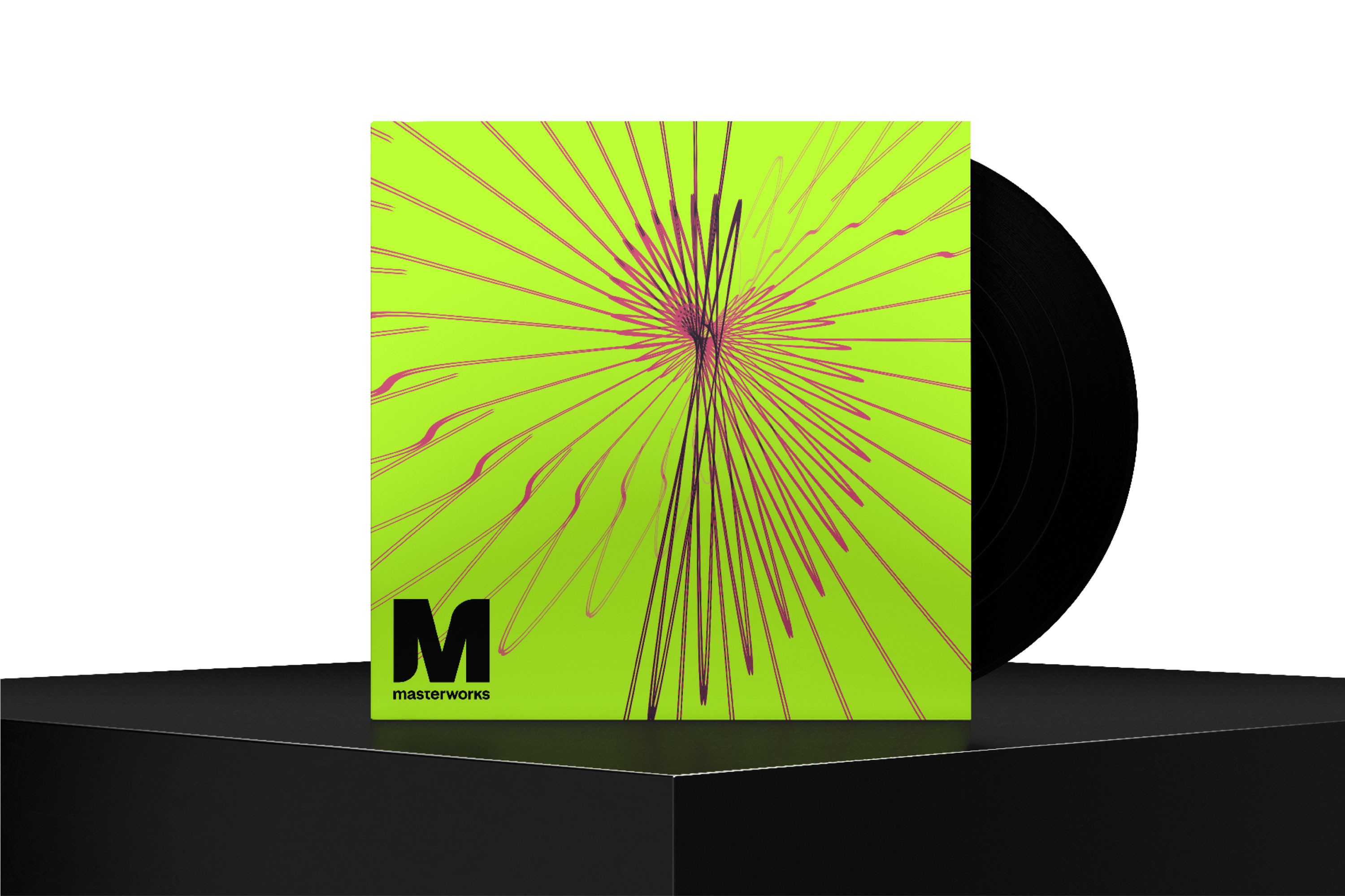 A green album cover with abstract art, next to a black vinyl record on a dark surface.