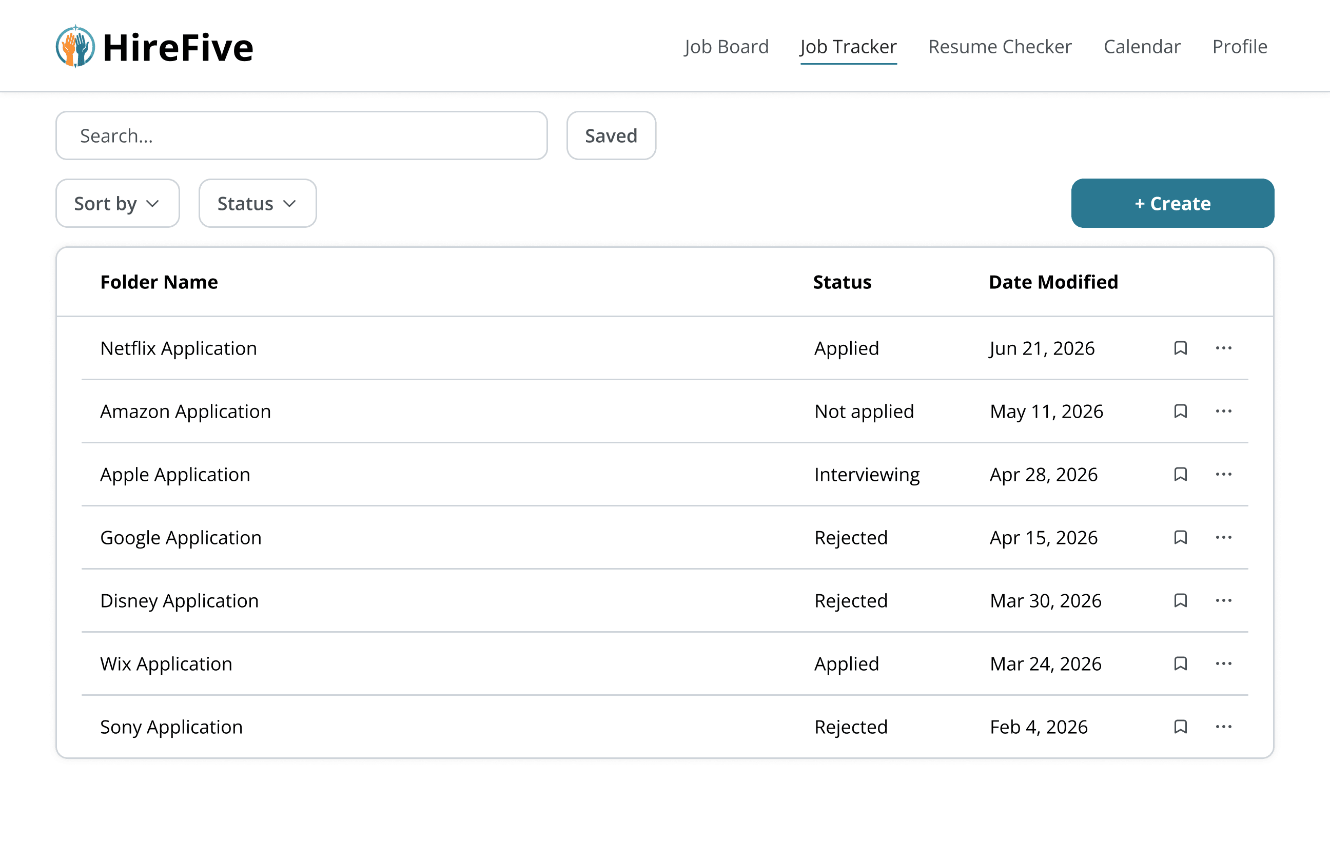 Screenshot of the high-fidelity HireFive Job Tracker dashboard, featuring a clean data table populated with specific company applications like Netflix, Amazon, and Apple alongside their current interview statuses and dates.