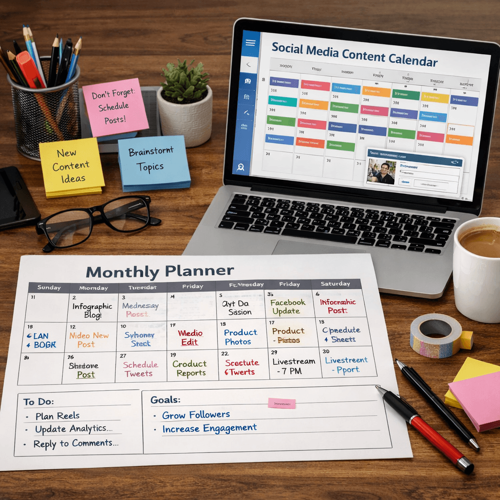 A realistic desk with a printed monthly planner, sticky notes, a laptop showing a social media calendar UI. Alt: detailed social media content calendar planning visual.