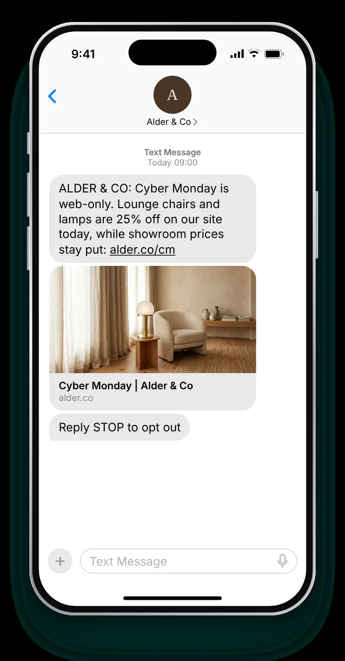 Website prices, not showroom prices Cyber Monday text on an iPhone