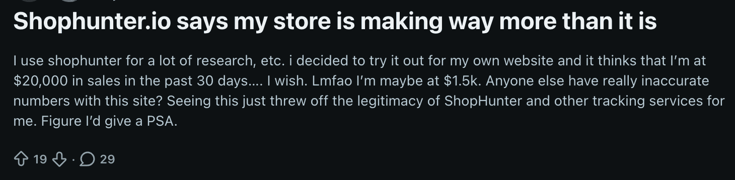Trustpilot review Post claiming Shophunter.io overestimates store sales